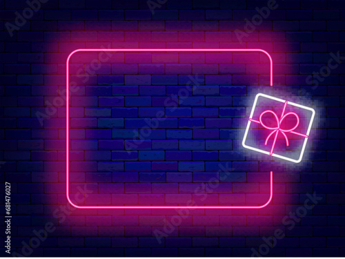 Happy Birthday neon poster. Present symbol. Gift box with bow and empty pink border. Vector stock illustration