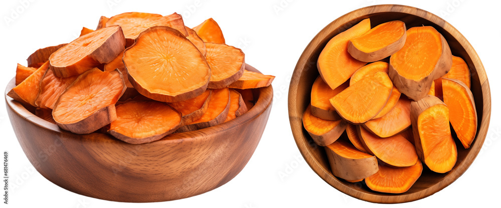 Sweet potato slices in a wooden bowl bundle, side and top view isolated on transparent background, vegetable collection