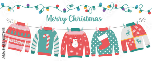 Ugly sweater party invitation with hanging funny jumpers and pullovers. Christmas holiday decoration. Layout template