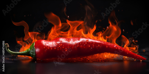 Red hot pepper in flames, Fresh red chilli pepper in fire as a symbol of burning feeling of spicy food and spices, Thin hot red pepper with flame, generative ai