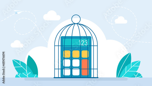 Calculator in a cage. Flat Calculator. Financial management, budget and earnings business money. Income accounting finance tax. Controlled thoughts and lack of freedom in business. Vector illustration