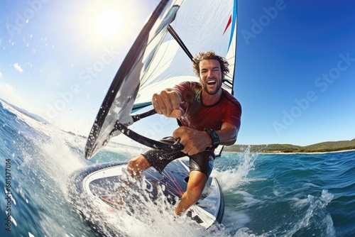 Exhilarating experience of windsurfing from a first-person perspective.