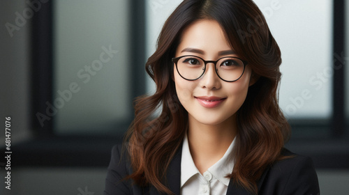 Portrait of happy asian teenage girl in eyeglasses looking at camera.