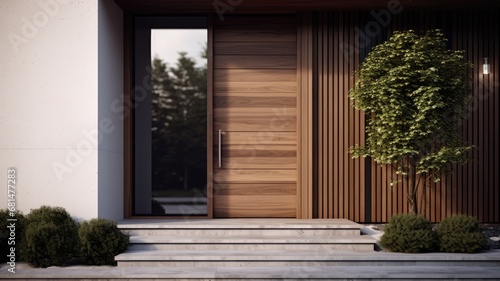 Modern entrance door by wooden, which makes the house really elegant and homely right from the start. Generative AI Technology  photo
