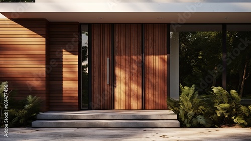 Modern entrance door by wooden, which makes the house really elegant and homely right from the start. Generative AI Technology 