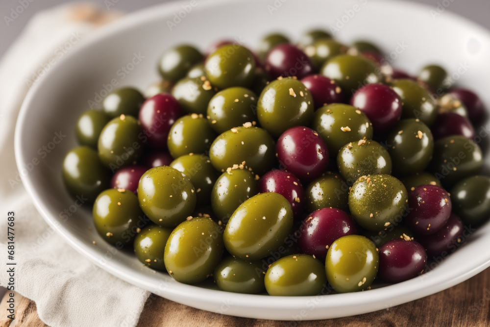 Fresh salad with green olives, feta cheese and cherry tomatoes in a bowl. Healthy salad. Generative AI Fresh salad with green olives, feta cheese and cherry tomatoes in a bowl. Healthy salad. Generative AI