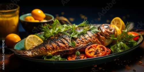 Close up of baked fish with spices, lemon and rosemary on plate. © AI Studio