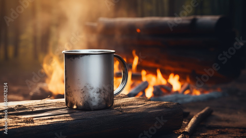 Empty White Metal Mug on Table by Campfire
