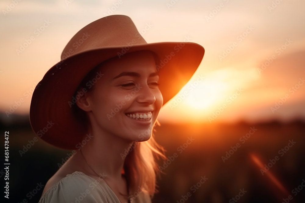 happy, laughing, beautiful finnish woman standing against the backdrop of an sunset, modern, light happy, laughing, beautiful finnish woman standing against the backdrop of an sunset, modern, light