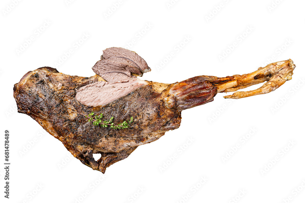 Christmas dish - Roast lamb leg meat with spices and thyme on a plate.  Transparent background. Isolated.