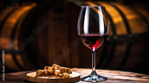 Glass of red wine with a blurred background of cellar, wine-vault with barrels. Generative AI
