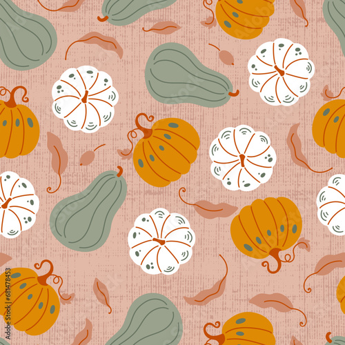 Autumn Pastel Pumpkins and Leaves Vector Seamless Pattern