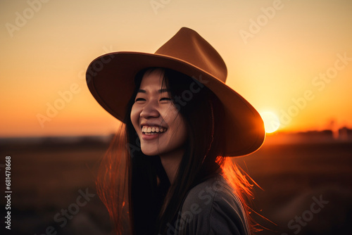  happy, laughing, beautiful finnish woman standing against the backdrop of an sunset, modern, light