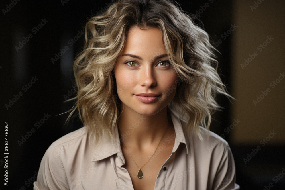 Portrait of a beautiful young woman with blond curly hair in a beige shirt. Portrait of a beautiful young woman with blond curly hair in a beige shirt.