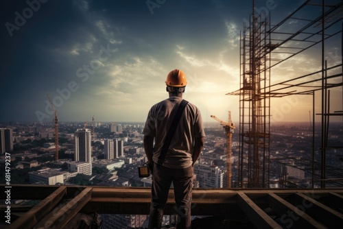 Engineer stands on the building roof under construction and looking at horizon © Marat