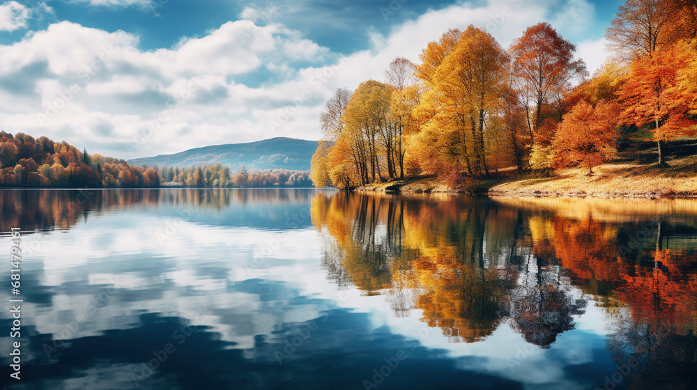 Fall in the Lake District. Colorful trees reflected in a calm water surface. A bright and vibrant landscape scene, autumn nature background