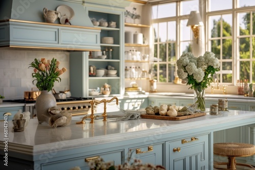 Beautiful kitchen in pastel blue colours, classic luxury style