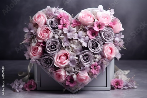 bouquet of pink and grey rose flowers in a box, heart shape gift box