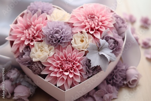 bouquet of pink dahlia flowers in a box, heart shape gift box