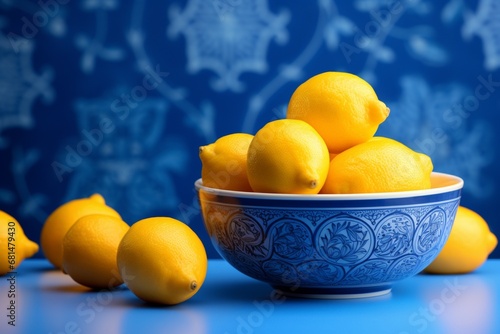 bowl of lemons in blue colours, traditional vintage pattern