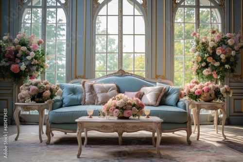 Luxury living room with flower bouquet. Classic baroque style