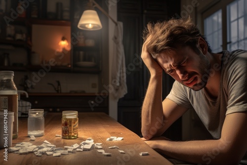 Man feeling ill taking pills, sitting at home, headache or sick