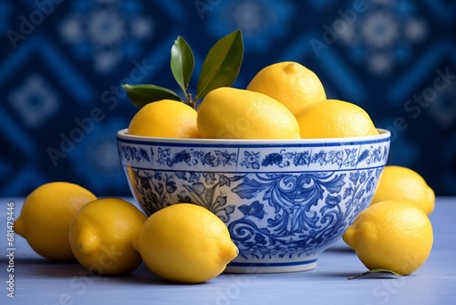 bowl of lemons in blue colours, traditional pattern