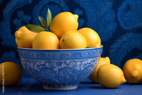bowl of lemons in blue colours, traditional pattern