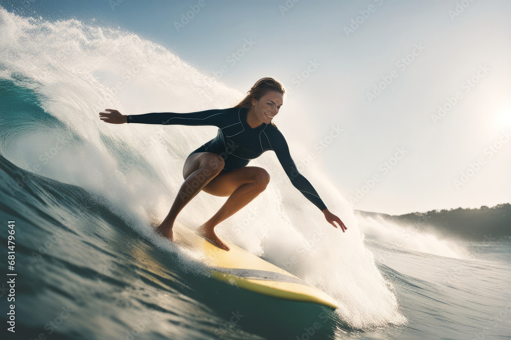 Surfing Photo Series - Female Surfer Riding a Wave on Surfboard, created with Generative AI technology Surfing Photo Series - Female Surfer Riding a Wave on Surfboard, created with Generative AI technology