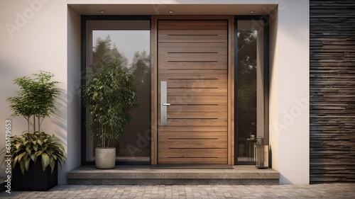 Modern entrance door by wooden, which makes the house really elegant and homely right from the start. Generative AI Technology  © Dniel
