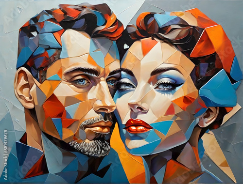 oil paint art of a portrait of a love couple with polygon shapes. love, marriage and valentine concept. 