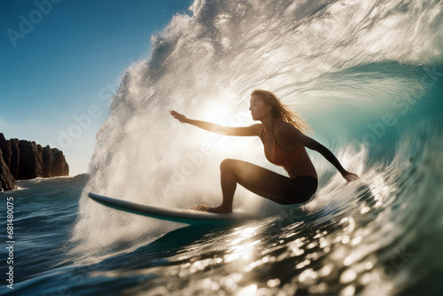 Surfing Photo Series - Female Surfer Tube Ride in Barrel of Wave, created with Generative AI technology