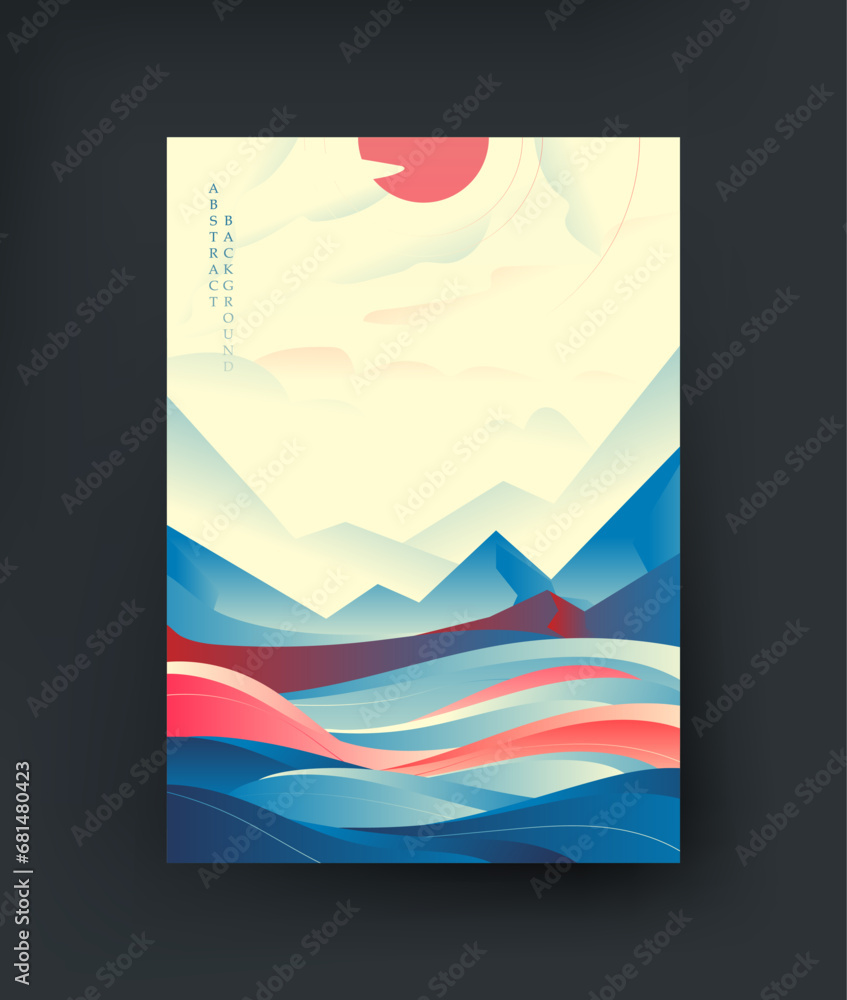 Abstract geometric landscape with mountains and hills in blue, red and white tones