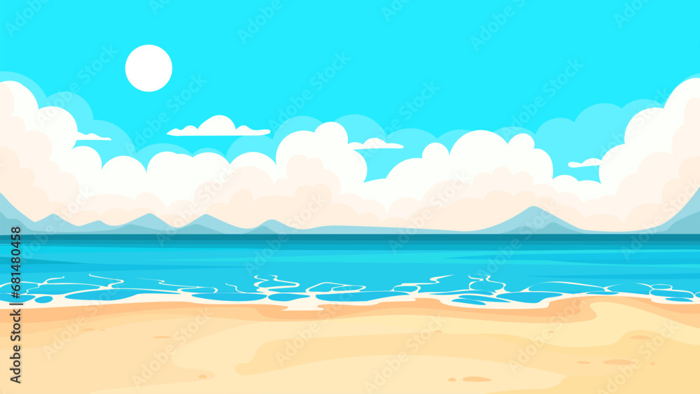 Cartoon beach scene with blue ocean, yellow sand and clouds - obrazy, fototapety, plakaty 
