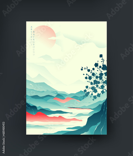 Photography Serene Japanese landscape with cherry blossoms and mountains