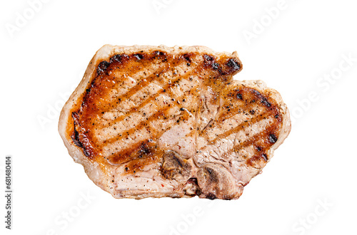 BBQ fried pork T bone chop meat steak on a plate.  Transparent background. Isolated.
