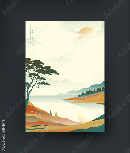 Canvas Print Landscape in traditional Japanese art style with lake and mountains