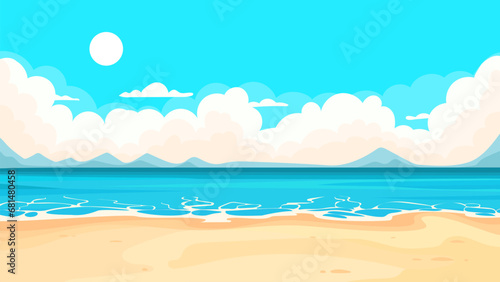 Cartoon beach scene with blue ocean, yellow sand and clouds