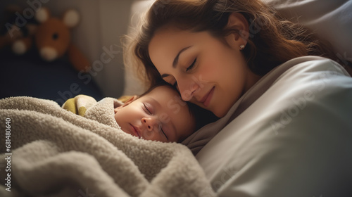 Lullaby Time: A parent soothing their baby to sleep, creating a tranquil and comforting scene photo