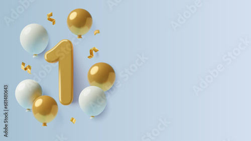 Big gold number 1 with helium balloons and confetti on light blue background. First birthday or one year anniversary 3D realistic background with copy space. Three dimensional vector illustration.