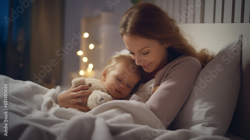 Lullaby Time: A parent soothing their baby to sleep, creating a tranquil and comforting scene