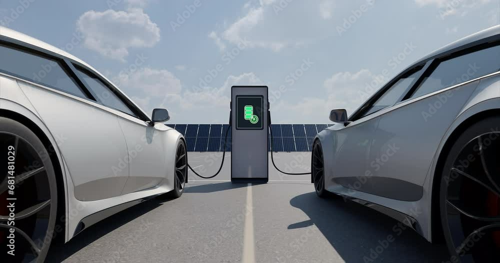 Two Sport Electric Cars Charging on background of solar panels on sunny day. Environmentally friendly EV car plugged into the charger. Realistic high quality 3d rendering of alternative energy concept