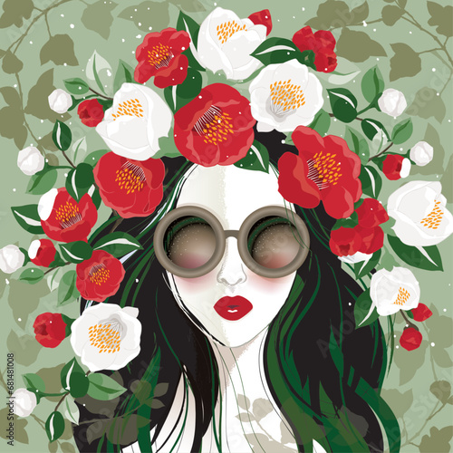 Vector illustration of a girl wearing sunglasses and decorating the hair with Camellia Branches. Design for invitation card, picture frame, poster, scrapbook