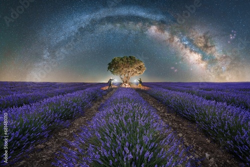 Couple enjoying the view of the Milky Way arch over a century-old oak tree (Quercus ilex) in the middle of Lavender fields blooming at Plateau De Valensole, Provence, France
