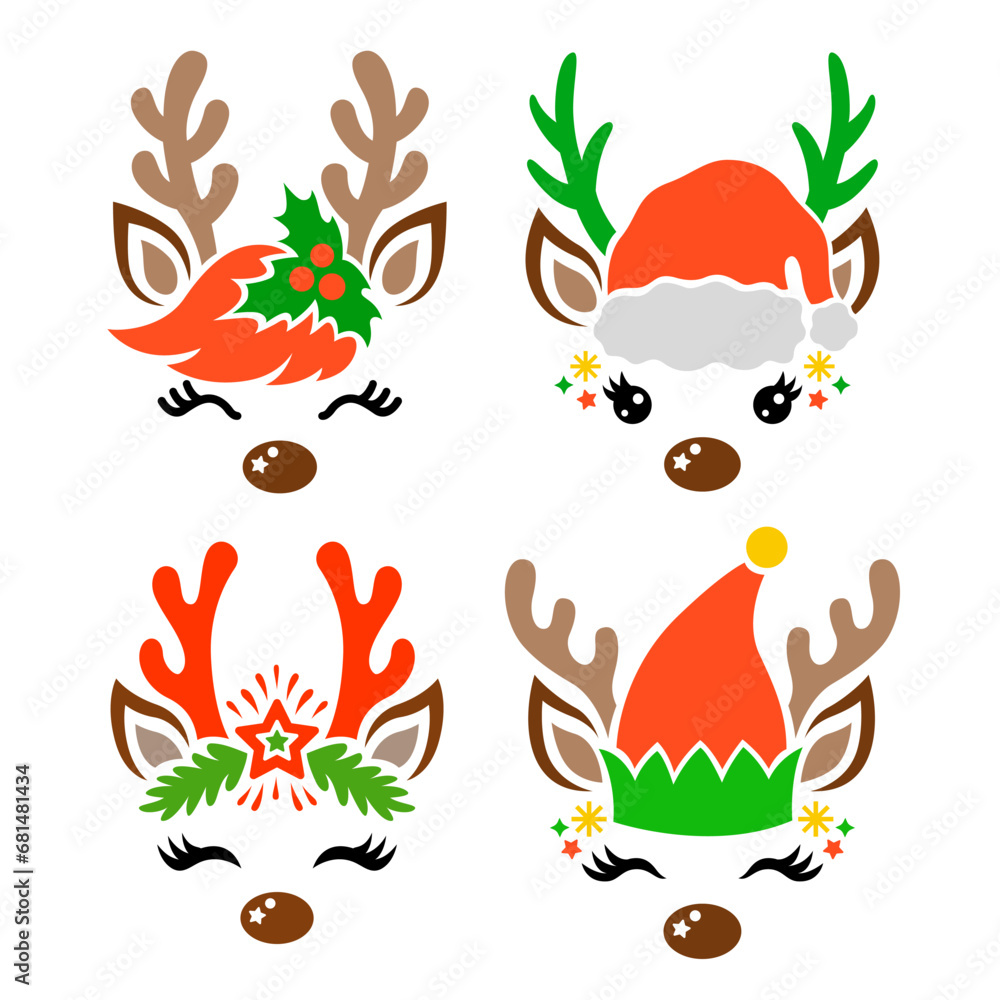 Santa Claus Reindeer faces set. Cute vector deer head silhouette with antlers. Templates for cutting, printing on T-shirts, mugs. Christmas illustration. Isolated on white background. Santa Claus Reindeer faces set. Cute vector deer head silhouette with antlers. Templates for cutting, printing on T-shirts, mugs. Christmas illustration. Isolated on white background.