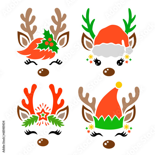 Santa Claus Reindeer faces set. Cute vector deer head silhouette with antlers. Templates for cutting, printing on T-shirts, mugs. Christmas illustration. Isolated on white background.