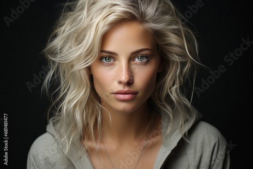 Portrait of beautiful young woman with long blond hair on black background.