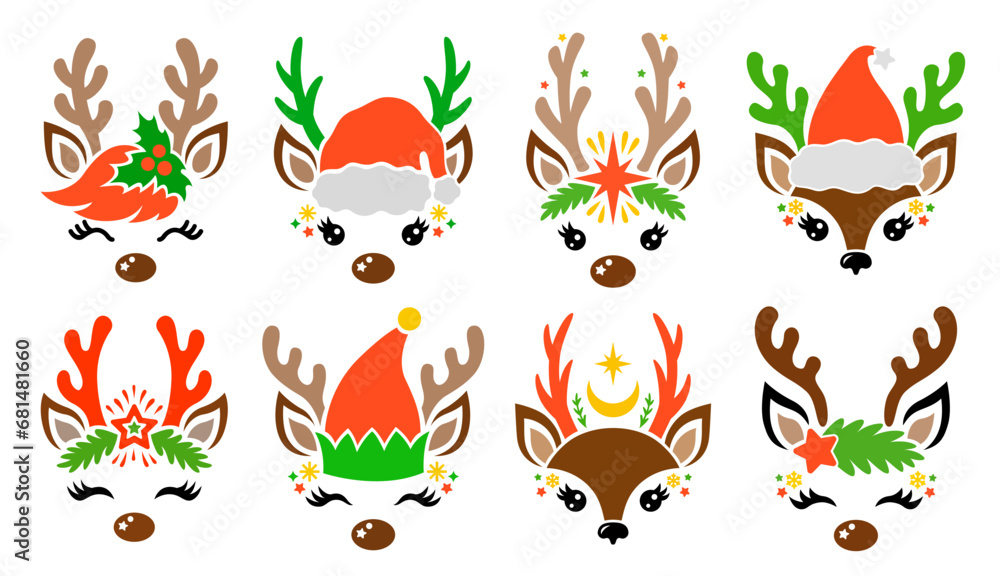 Santa Claus Reindeer faces set. Cute vector deer head silhouette with antlers. Templates for cutting, printing on T-shirts, mugs. Christmas illustration. Isolated on white background. Santa Claus Reindeer faces set. Cute vector deer head silhouette with antlers. Templates for cutting, printing on T-shirts, mugs. Christmas illustration. Isolated on white background.