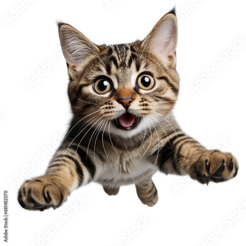 Cute tabby cat jumping isolated on white background