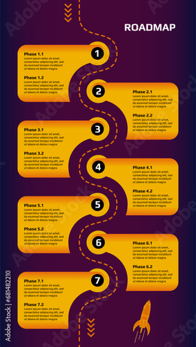Vertical roadmap with winding dotted line with rocket and yellow milestones on purple background. Infographic timeline template for business presentation. Vector.